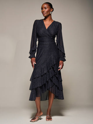 Long Sleeve Frill Detail Mesh Maxi dress, Black Spot