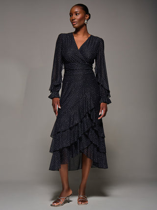 Long Sleeve Frill Detail Mesh Maxi dress, Black Spot
