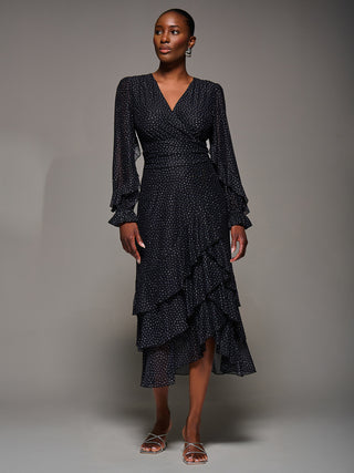 Long Sleeve Frill Detail Mesh Maxi dress, Black Spot