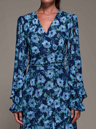 Long Sleeve Frill Detail Mesh Maxi dress, Blue Floral