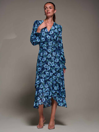 Long Sleeve Frill Detail Mesh Maxi dress, Blue Floral
