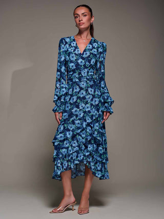 Long Sleeve Frill Detail Mesh Maxi dress, Blue Floral