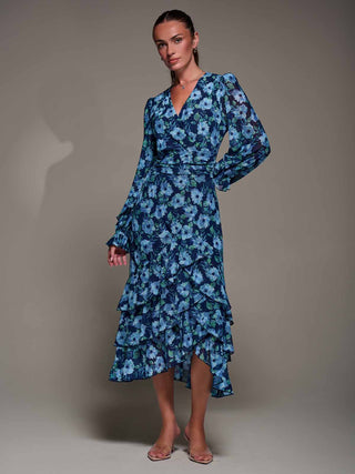 Long Sleeve Frill Detail Mesh Maxi dress, Blue Floral