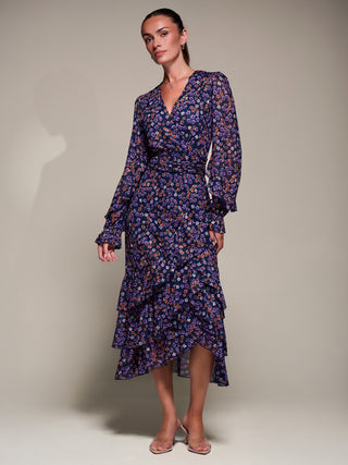 Long Sleeve Frill Detail Mesh Maxi dress, Navy Floral
