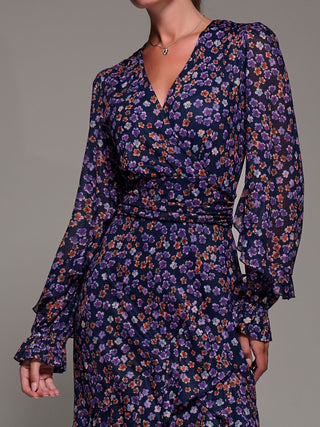 Long Sleeve Frill Detail Mesh Maxi dress, Navy Floral