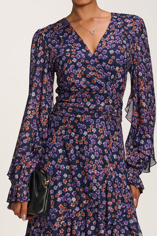 Long Sleeve Frill Detail Mesh Maxi dress, Navy Floral