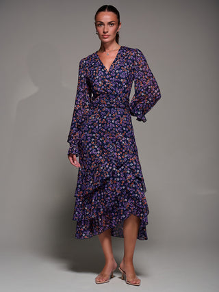 Long Sleeve Frill Detail Mesh Maxi dress, Navy Floral