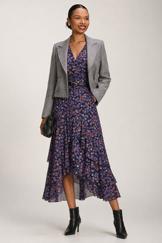 Long Sleeve Frill Detail Mesh Maxi dress, Navy Floral