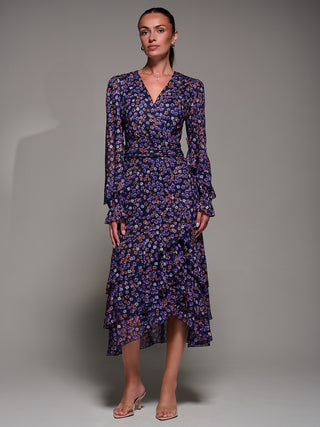 Long Sleeve Frill Detail Mesh Maxi dress, Navy Floral