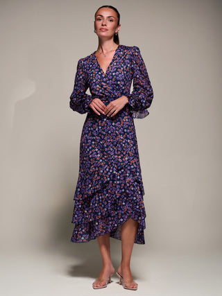 Long Sleeve Frill Detail Mesh Maxi dress, Navy Floral