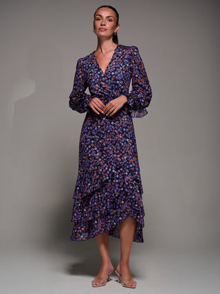 Long Sleeve Frill Detail Mesh Maxi dress, Navy Floral