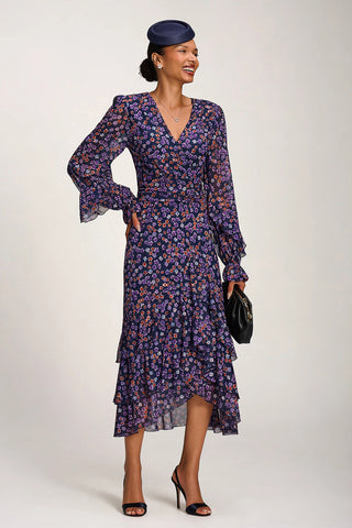Long Sleeve Frill Detail Mesh Maxi dress, Navy Floral
