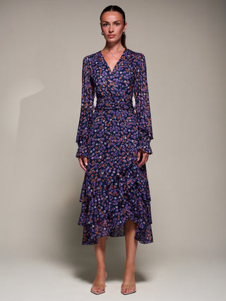 Long Sleeve Frill Detail Mesh Maxi dress, Navy Floral