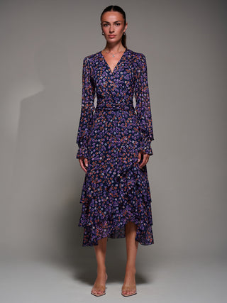 Long Sleeve Frill Detail Mesh Maxi dress, Navy Floral