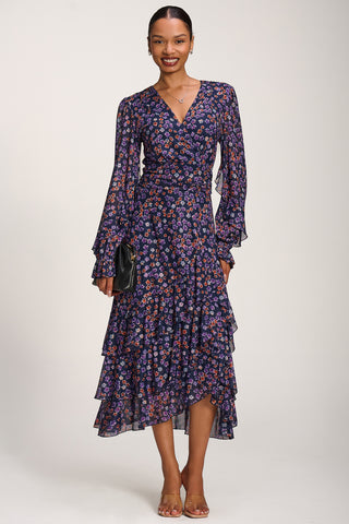 Long Sleeve Frill Detail Mesh Maxi dress, Navy Floral