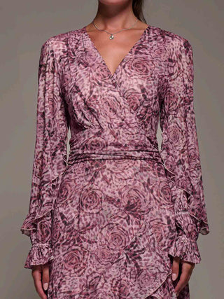 Long Sleeve Frill Detail Mesh Maxi dress, Pink Abstract