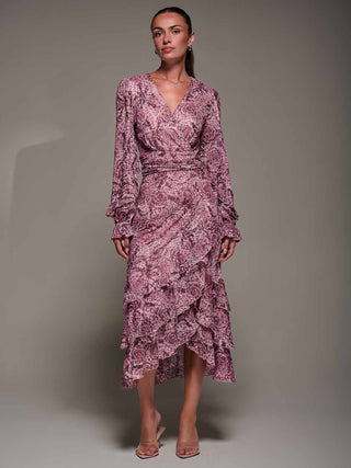 Long Sleeve Frill Detail Mesh Maxi dress, Pink Abstract