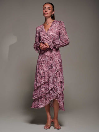 Long Sleeve Frill Detail Mesh Maxi dress, Pink Abstract