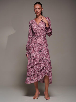 Long Sleeve Frill Detail Mesh Maxi dress, Pink Abstract