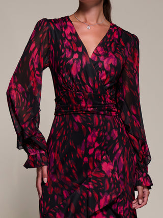 Long Sleeve Frill Detail Mesh Maxi dress, Red Abstract