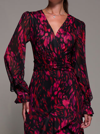 Long Sleeve Frill Detail Mesh Maxi dress, Red Abstract