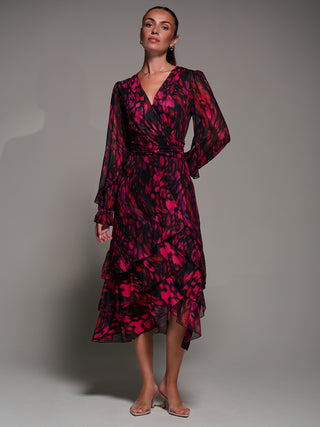 Long Sleeve Frill Detail Mesh Maxi dress, Red Abstract