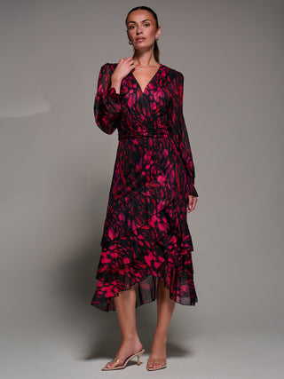 Long Sleeve Frill Detail Mesh Maxi dress, Red Abstract