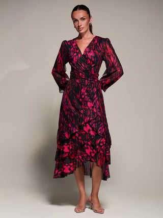 Long Sleeve Frill Detail Mesh Maxi dress, Red Abstract