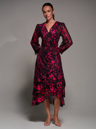 Long Sleeve Frill Detail Mesh Maxi dress, Red Abstract