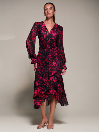 Long Sleeve Frill Detail Mesh Maxi dress, Red Abstract