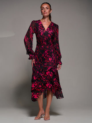 Long Sleeve Frill Detail Mesh Maxi dress, Red Abstract