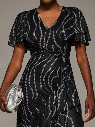 Angel Sleeve Ruffle Hem Mesh Midaxi Dress, Black Spot