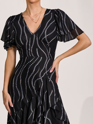 Angel Sleeve Ruffle Hem Mesh Midaxi Dress, Black Spot