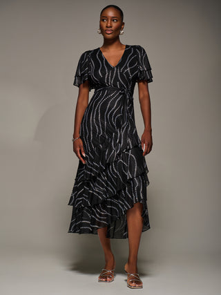 Angel Sleeve Ruffle Hem Mesh Midaxi Dress, Black Spot