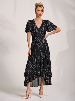 Angel Sleeve Ruffle Hem Mesh Midaxi Dress, Black Spot