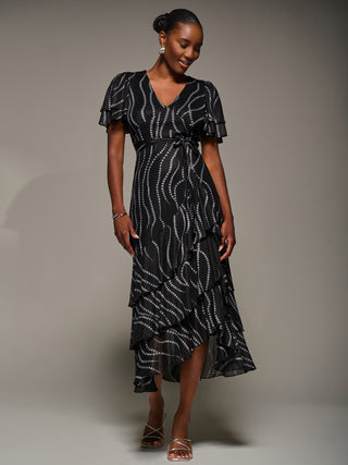 Angel Sleeve Ruffle Hem Mesh Midaxi Dress, Black Spot