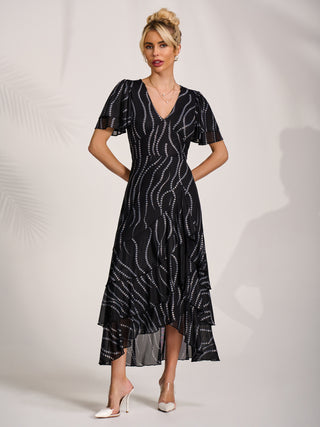 Angel Sleeve Ruffle Hem Mesh Midaxi Dress, Black Spot