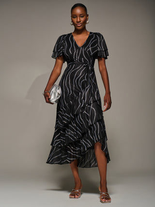 Angel Sleeve Ruffle Hem Mesh Midaxi Dress, Black Spot