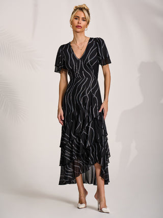 Angel Sleeve Ruffle Hem Mesh Midaxi Dress, Black Spot