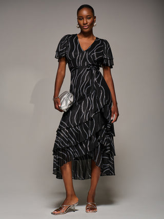 Angel Sleeve Ruffle Hem Mesh Midaxi Dress, Black Spot