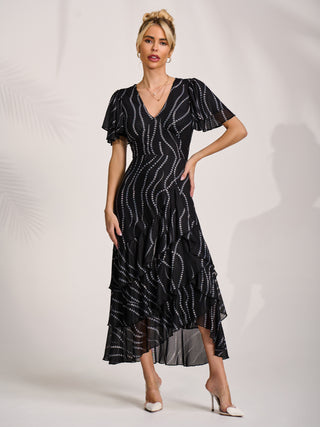 Angel Sleeve Ruffle Hem Mesh Midaxi Dress, Black Spot