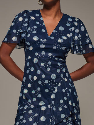 Angel Sleeve Ruffle Hem Mesh Midaxi Dress, Navy Spot