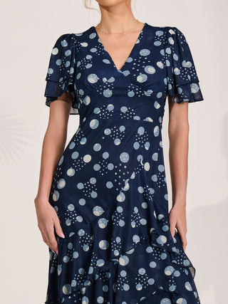 Angel Sleeve Ruffle Hem Mesh Midaxi Dress, Navy Spot