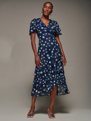 Angel Sleeve Ruffle Hem Mesh Midaxi Dress, Navy Spot
