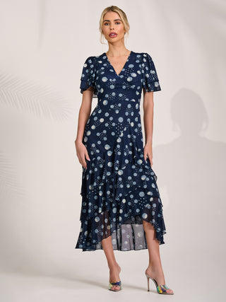 Angel Sleeve Ruffle Hem Mesh Midaxi Dress, Navy Spot