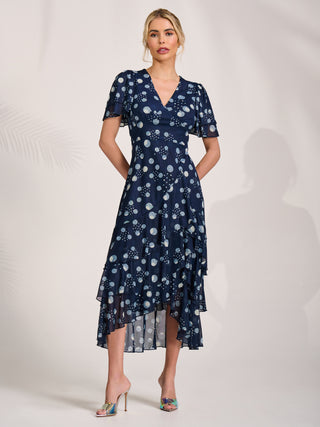 Angel Sleeve Ruffle Hem Mesh Midaxi Dress, Navy Spot