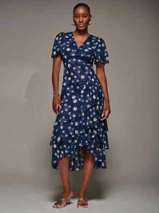 Angel Sleeve Ruffle Hem Mesh Midaxi Dress, Navy Spot