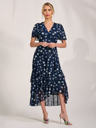 Angel Sleeve Ruffle Hem Mesh Midaxi Dress, Navy Spot