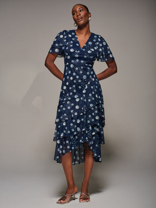 Angel Sleeve Ruffle Hem Mesh Midaxi Dress, Navy Spot