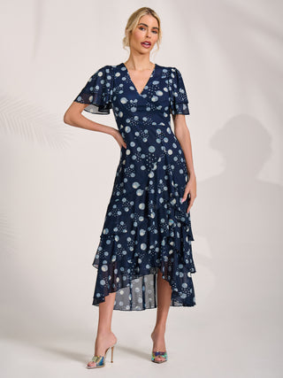Angel Sleeve Ruffle Hem Mesh Midaxi Dress, Navy Spot